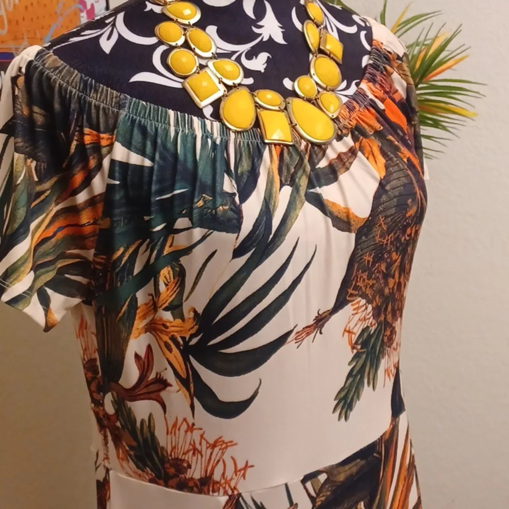 Orange and Green Maxi Sundress with Sleeveless Flutter Sleeves - Picture 2 of 5